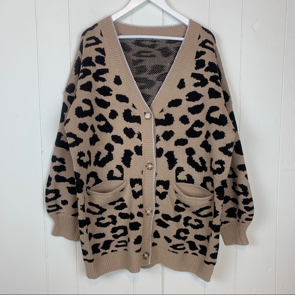 Sweaters - Leopard Print Cardigan Sweater Button Up 2X